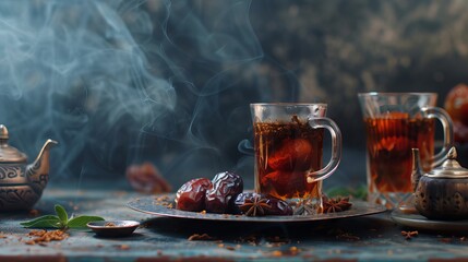 Ramadan food and drinks concept: Traditional tea and dates on a dark wooden table with lanterns and candles