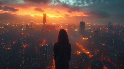 A woman confidently stands atop a towering building, showcasing the urban landscape below.