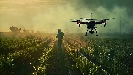 Fototapeta premium Lush green farmland modern drone equipped with advanced technology symbolizes intersection of agriculture and digital innovation aerial robot with whirring captures essence of futuristic farming