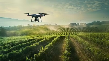Lush green farmland modern drone equipped with advanced technology symbolizes intersection of agriculture and digital innovation aerial robot with whirring captures essence of futuristic farming - obrazy, fototapety, plakaty