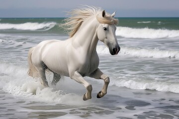Obraz na płótnie Canvas white horse with flowing mane splashing through beachside surf