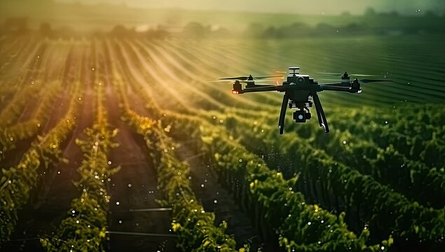 Lush green farmland modern drone equipped with advanced technology symbolizes intersection of agriculture and digital innovation aerial robot with whirring captures essence of futuristic farming