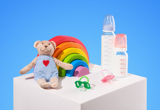Child care and toys. Play fun time. Set of kid toys.