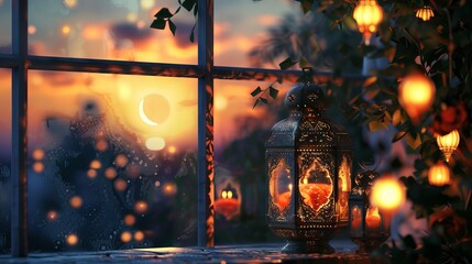 Ramadan Kareem - traditional Arabic lanterns and window with crescent moon and star at sunset - bokeh effect - Eid ul Fitr celebration - obrazy, fototapety, plakaty