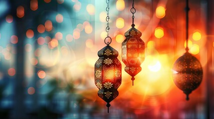 Ramadan Kareem - traditional Arabic lanterns and window with crescent moon and star at sunset - bokeh effect - Eid ul Fitr celebration - obrazy, fototapety, plakaty