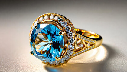 Naklejka premium Topaz Jewelry, Gemstone, Precious, Blue, Luxury, Fashion, Accessories, Ring, Glamour, Sparkle, Gem, Elegant, AI Generated