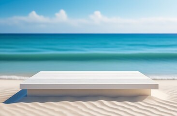 Podium on beach. Seashore with empty white stage. Blue ocean and sky with clouds. Empty scene for product presentation. Marketing promotion. Outdoors pedestal. Minimal showcase. Vacation scene
