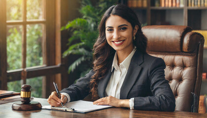 lawyer reading legal documents for client; attorney, notary, divorce process, looking at camera