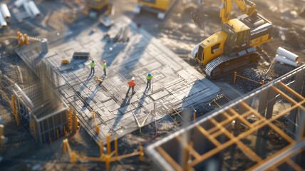 construction site with blueprints superimposed on the ground, illustrating the project's scale and layout. - obrazy, fototapety, plakaty