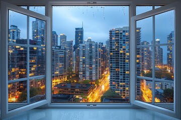 Panoramic window showing a view of a night time city lit up with lights and rainy professional photography