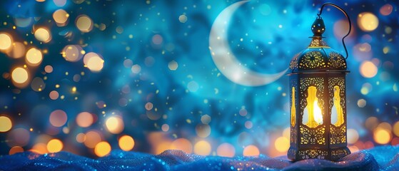 Ramadan Kareem - beautiful night scene with crescent moon, traditional lantern, and sparkling lights - celebration of Eid Ul Fitr - obrazy, fototapety, plakaty