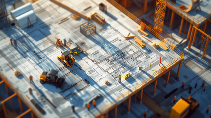 construction site with blueprints superimposed on the ground, illustrating the project's scale and layout. - obrazy, fototapety, plakaty