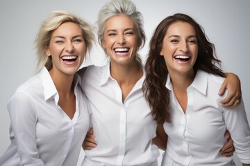 Fototapeta premium Female models of different ages celebrating their natural bodies in a studio. confident and happy women smiling cheerfully while wearing white shirts against a white background. models group advertisi