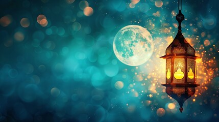 Ramadan Kareem - beautiful night scene with crescent moon, traditional lantern, and sparkling lights - celebration of Eid Ul Fitr