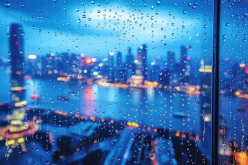 Panoramic window showing a view of a night time city lit up with lights and rainy professional photography