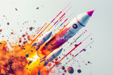 rocket mid-launch, embodying the journey of a startup, on a stark white background.
