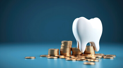 Fototapety  Tooth with coins on blue background. Expensive treatment.