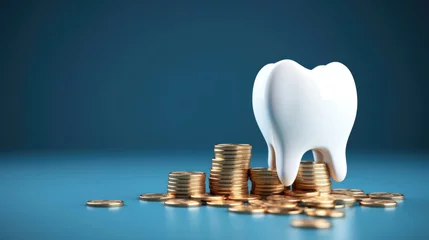 Gardinen Tooth with coins on blue background. Expensive treatment. © brillianata