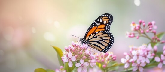 Naklejka premium Vibrant Monarch Butterfly Resting Peacefully on a Delicate Bright Flower Petal in Nature