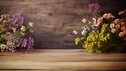 Wildflowers and wooden table background created
