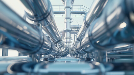 A close-up perspective of pipe racks and pipelines in an industrial zone, showcasing a mix of petroleum, chemical, hydrogen, and ammonia processing lines. - obrazy, fototapety, plakaty
