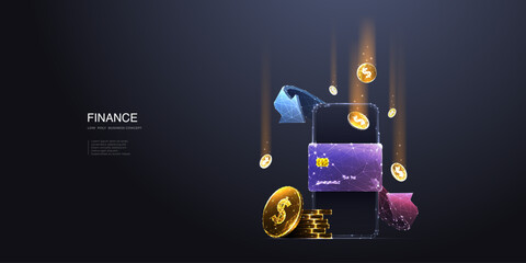 Money Cashback. Digital wallet and cash back. Abstract mobile phone, bank credit card. Circular arrows, and gold coins. Money transfer and payment. Polygonal colorful 3D wireframe vector illustration.