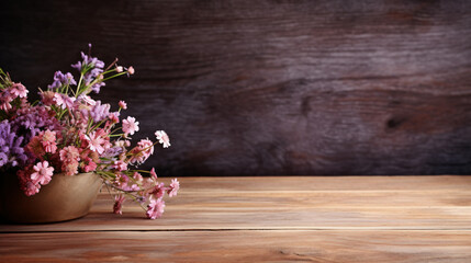 Wildflowers and wooden table background created
