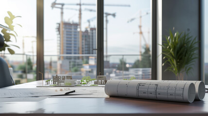 blueprints and architectural models on a sleek, modern desk in an office with panoramic windows overlooking a construction site. - obrazy, fototapety, plakaty