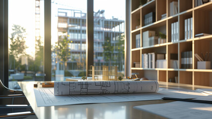 blueprints and architectural models on a sleek, modern desk in an office with panoramic windows overlooking a construction site.