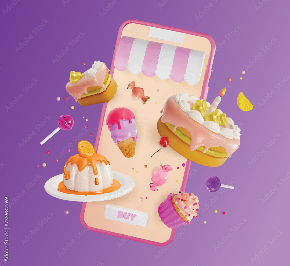 Sticker 3d Sweet Store Order Online Concept Background Cartoon Style Smartphone with Floating Cupcake, Candy, Ice Cream and Cake. Vector illustration