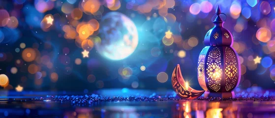 Foto op Plexiglas Ramadan Kareem - beautiful night scene with crescent moon, traditional lantern, and sparkling lights - celebration of Eid Ul Fitr © Ameer