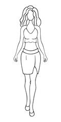 Fashionable young woman. Sketch. Vector illustration. A lady in a short top with one strap around the neck and a short pencil skirt with a slit at the hip. Doodle style. Girl with wavy hair. 