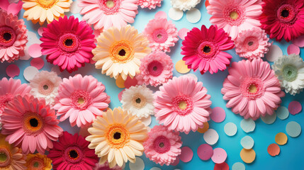 Fototapeta na wymiar Vibrant flat lay with gerbera daisy flowers on background with confetti
