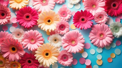 Poster Vibrant flat lay with gerbera daisy flowers on background with confetti © brillianata
