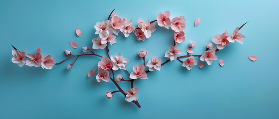 blank greeting card mockup, Cherry blossom branch. Blank space inside in shape of heart for text.