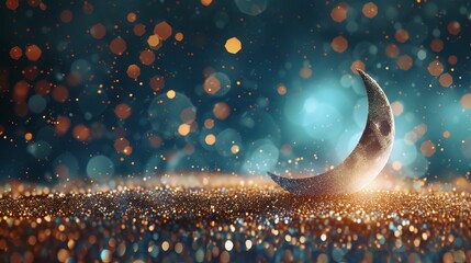 Ramadan Kareem - crescent moon and star on sparkling glitter background with bokeh effect