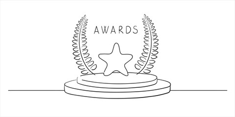 Winner line art emblem with star. First place award. Line art star sign on pedestal, award ceremony. Victory, symbol of success. Vector illustration