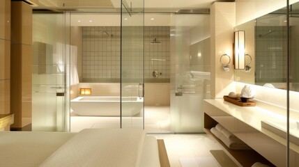 Fototapeta na wymiar Contemporary Bathroom Design with Seamless Glass Partition AI Generated.