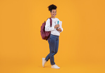 Fototapeta na wymiar Cheerful young black student woman carrying backpack and workbooks
