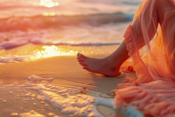 Pregnant mother's bare feet on beach, Toes in sand. Sun flare.