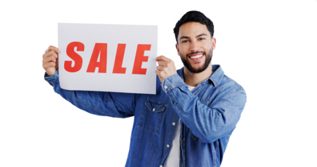 Portrait, happy man and poster for sale, news or information on isolated, transparent or png background. Banner, announcement or male person with notice of retail, discount or shopping mall promotion