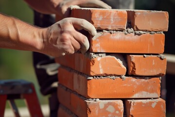 mason reaching for a new brick from a stack at waist height