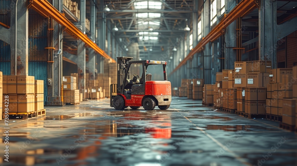Poster there are pallets with boxes in the warehouse. there is a forklift inside the storage hangar. there 