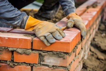 bricklayer in gloves laying a brick corner section
