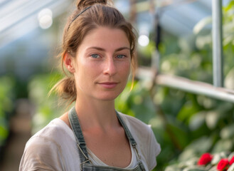 Fototapeta premium Portrait of a woman working in a modern tomato greenhouse, 