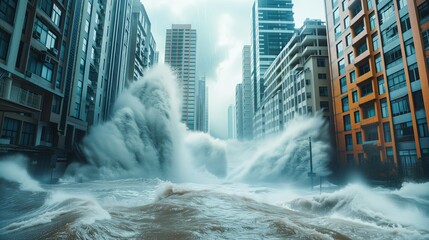 Flooding city with turbulent waters from a tsunami Final Biblical Events of Revelation book Generative AI Illustration