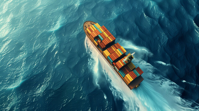 Bird's-eye View Of A Cargo Ship At Sea, Using Generative AI To Emphasize The Geometric Patterns Of Containers.