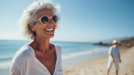 Portrait of happy senior woman smiling at camera on beach in summer, vacation concept