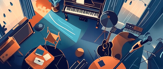 Rehearsal room with musical instruments. Illustration of a music school
