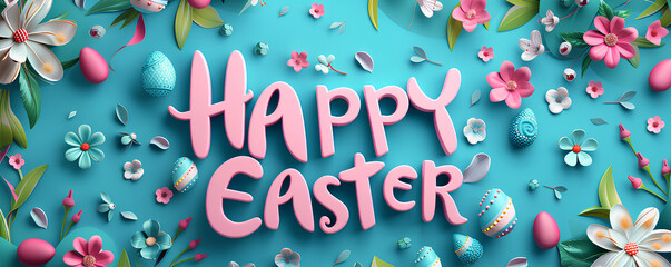 Happy Easter invitation with easter eggs and flowers on a blue background. Holiday and text graphic concept. For Happy Easter celebration. Cartoon illustration for banner, wallpaper, poster, card